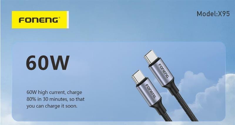 Кабель Foneng X95 Metal Head Braided Cable USB-C - USB-C 60W 1.2м Black (X95-CA-TCTC)