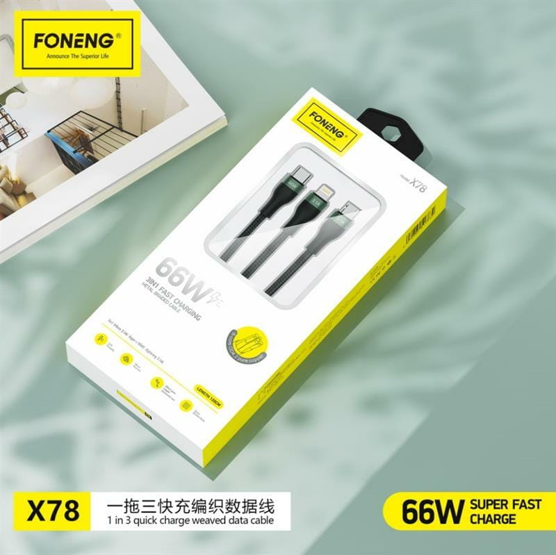 Кабель Foneng X78 1.2M 3-in-1 (66W) USB - Lightning + micro USB + USB-C, 1.2 м, Black (X78-CA-3-TIO)