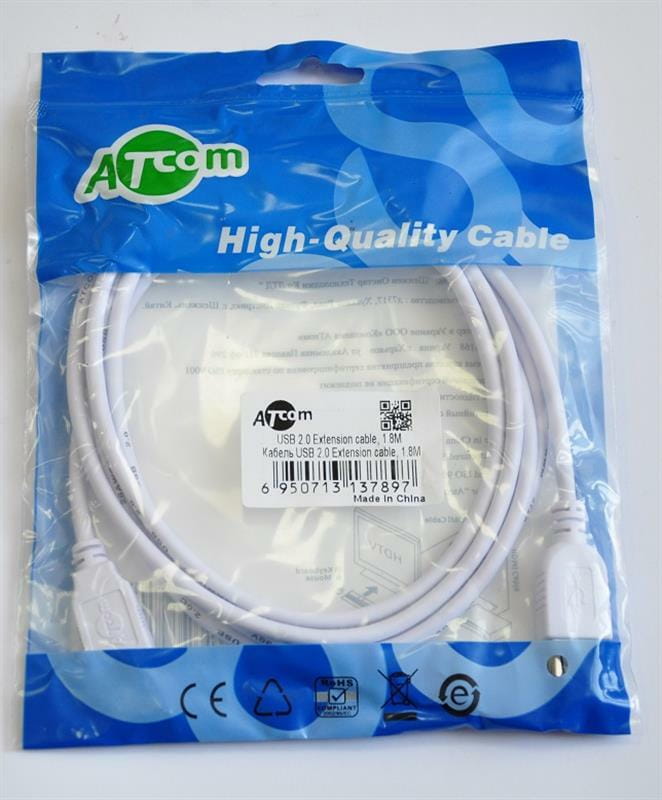Кабель Atcom USB - USB V 2.0 (F/M), удлинитель, 1.8 м, ferrite core, белый (3789)