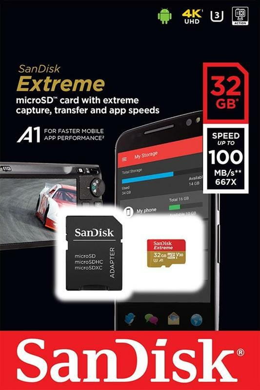 Карта пам`ятi MicroSDHC 32GB UHS-I/U3 Class 10 SanDisk Extreme A1 R100/W60MB/s + SD-adapter (SDSQXAF-032G-GN6MA)