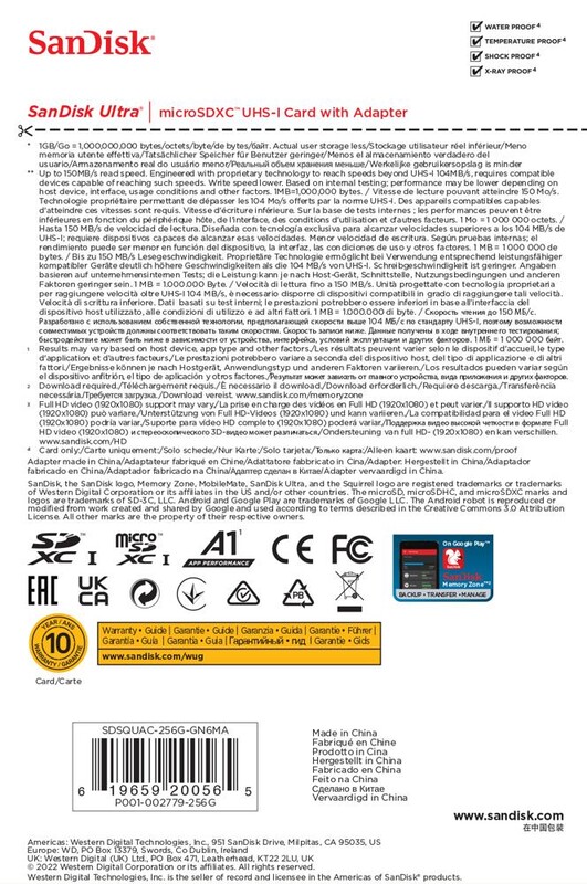 Карта памяти MicroSDXC 256GB UHS-I Class 10 SanDisk Ultra A1 R150MB/s + SD-adapter (SDSQUAC-256G-GN6MA)