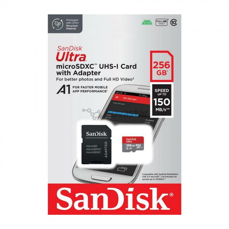 Карта памяти MicroSDXC 256GB UHS-I Class 10 SanDisk Ultra A1 R150MB/s + SD-adapter (SDSQUAC-256G-GN6MA)