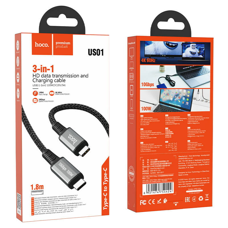 Кабель Hoco US01 USB Type-C - USB Type-C (10Gbps), 100W, 1.8 м, Black (US0118B)