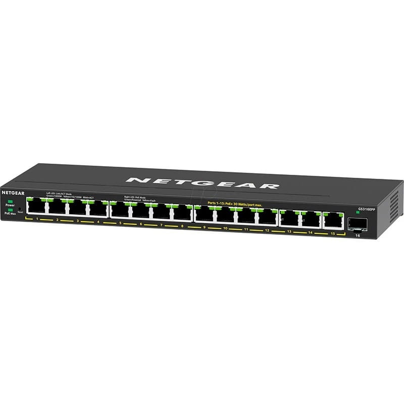 Комутатор Netgear GS316EPP-100PES (15xGE PoE+, 1хSFP, max PoE 231W, керований)