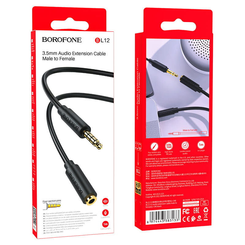Аудио-кабель Borofone BL12 3.5 мм - 3.5 мм (M/F), 1 м, черный (BL12-1B)