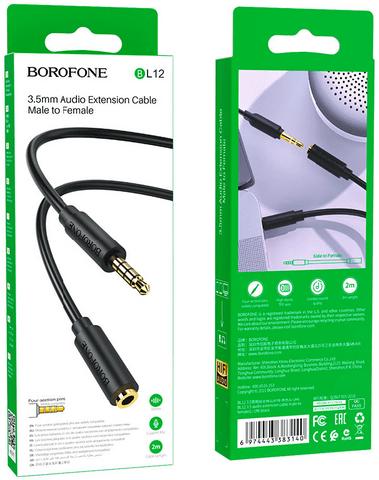 Аудио-кабель Borofone BL12 3.5 мм - 3.5 мм (M/F), 2 м, черный (BL12-2B)