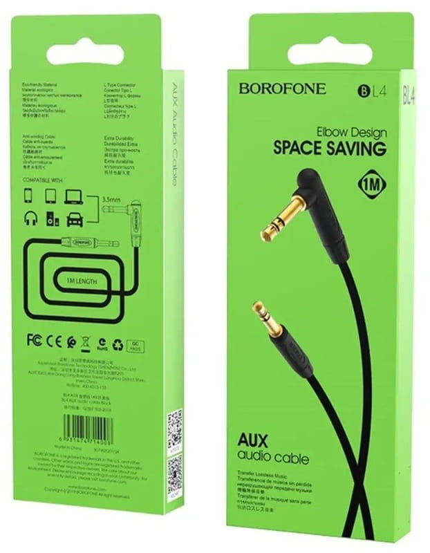 Аудио-кабель Borofone BL4 3.5 мм - 3.5 мм (M/M), 1 м, угловой, черный (BL4B)