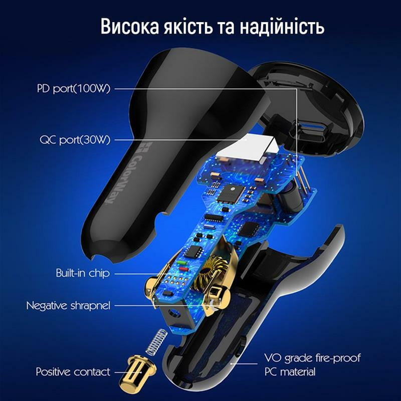 Автомобильное зарядное устройство ColorWay Power Delivery Port PPS USB (USB-A + USB-C, 100W) PD, QC Black (CW-CHA044PD-BK)
