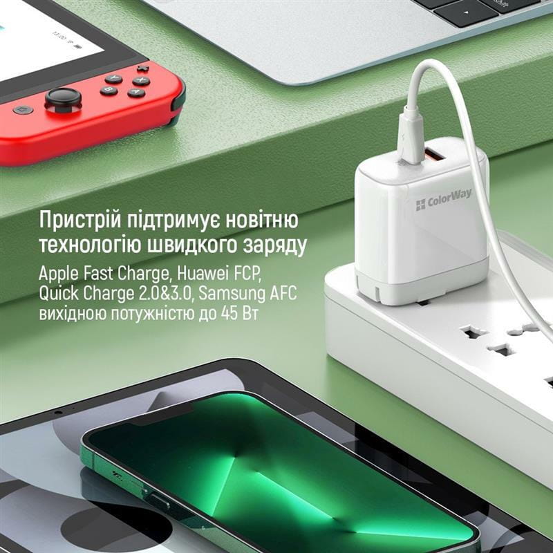 Мережевий зарядний пристрій ColorWay Power Delivery Port PPS USB (Type-C PD + USB QC3.0) (45W) White (CW-CHS042PD-WT)
