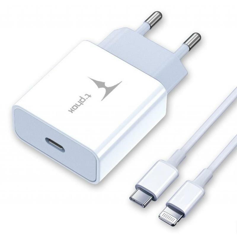 Сетевое зарядное устройство T-phox T-P01 White, PD 18W + кабель Lightning, 1 м (T-P01(W)+C-Lightning)