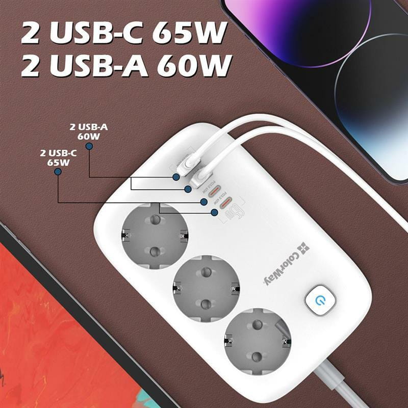 Фільтр живлення ColorWay CW-CHE34PDW GaN3 Pro PD 65W (2USB-A + 2 TYPE-C) 3 розетки, 4 USB, 2 м, білий