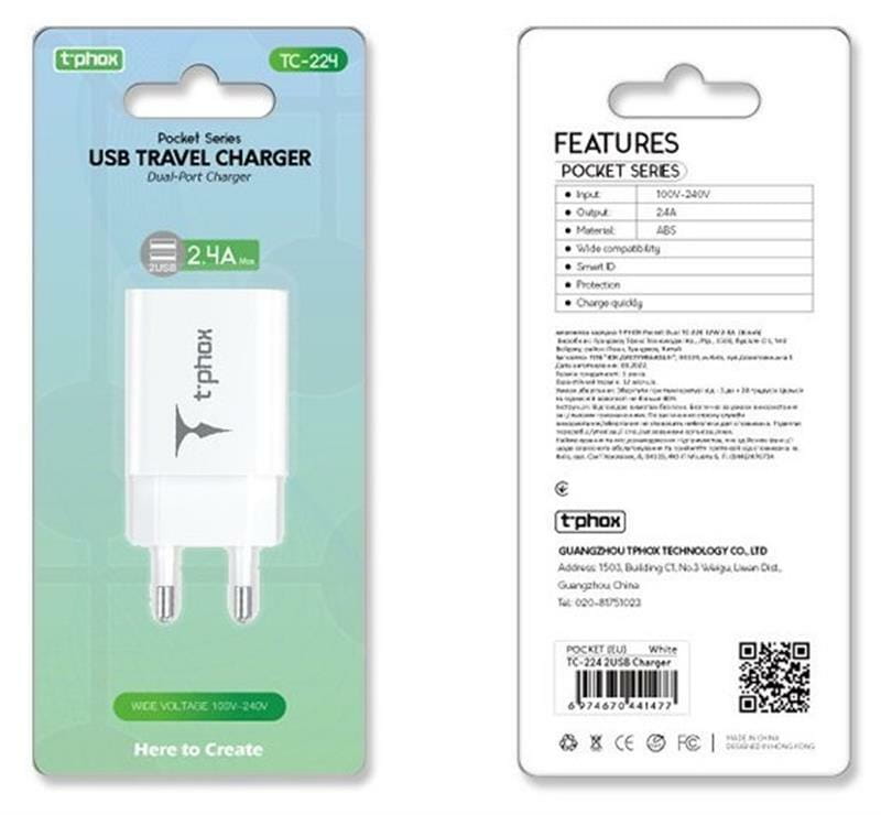 Сетевое зарядное устройство T-phox TC-224 Dual USB White (TC-224 (W))