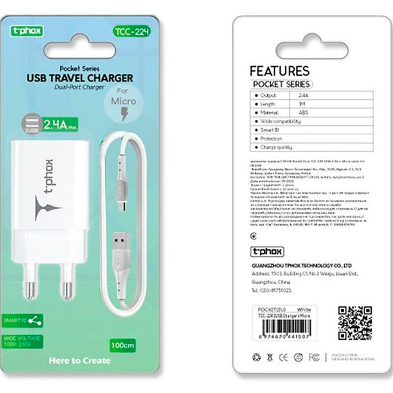 Мережевий зарядний пристрій T-phox TC-224 Dual USB White + кабель micro USB (TCC-224 (W)+Micro)