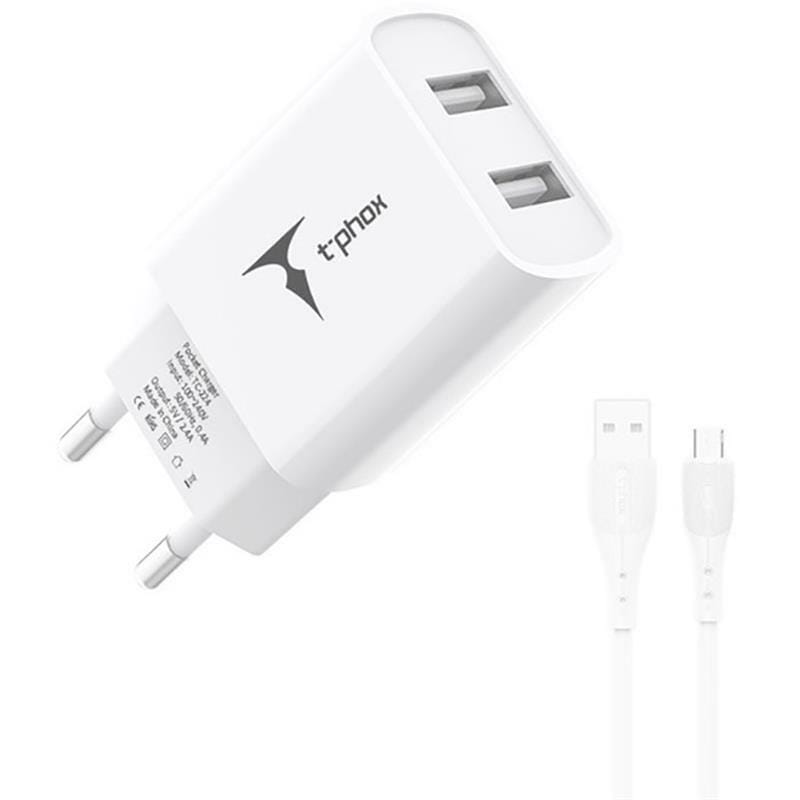 Мережевий зарядний пристрій T-phox TC-224 Dual USB White + кабель micro USB (TCC-224 (W)+Micro)