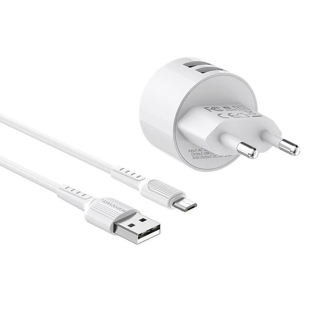 Мережевий зарядний пристрій Borofone BA23A Brilliant (2USB, 2.4А) White (BA23AMW) + кабель MicroUSB