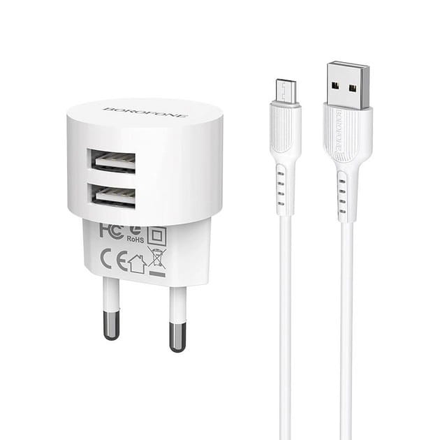 Сетевое зарядное устройство Borofone BA23A Brilliant (2USB, 2.4А) White (BA23AMW) + кабель MicroUSB