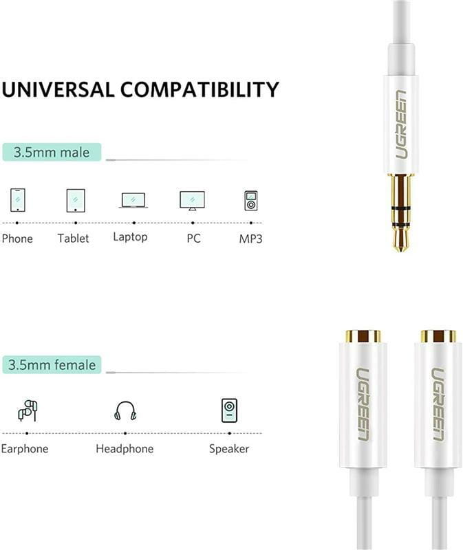 Аудио-кабель Ugreen AV134 3.5 мм - 2х3.5 мм (M/F), 0.2 м, белый (UGR-10739)