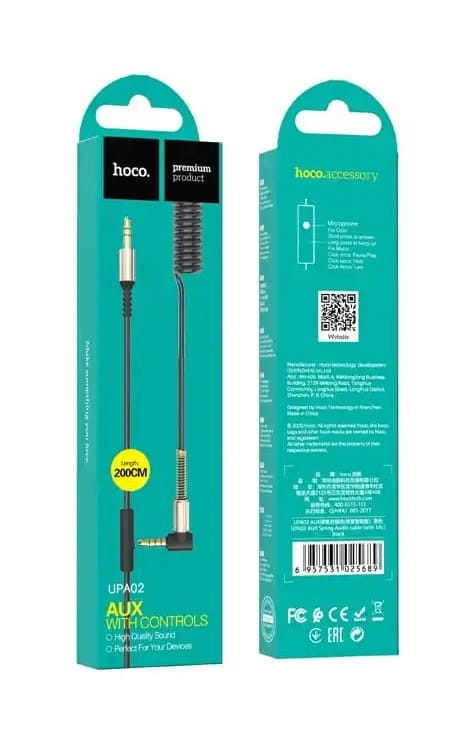 Аудіо-кабель Hoco UPA02 Spring 3.5 мм - 3.5 мм (M/M), 1 м, кутовий, чорний (UPA02SB)