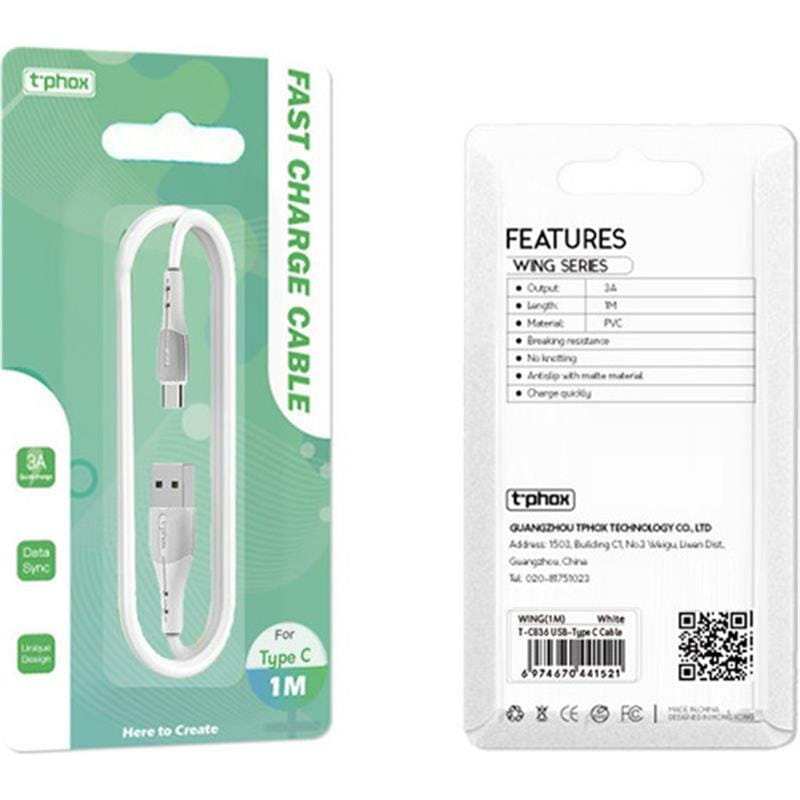 Кабель T-phox Wing T-C836 USB - USB Type-C (M/M), 3 A, 1 м, White (T-C836 White)