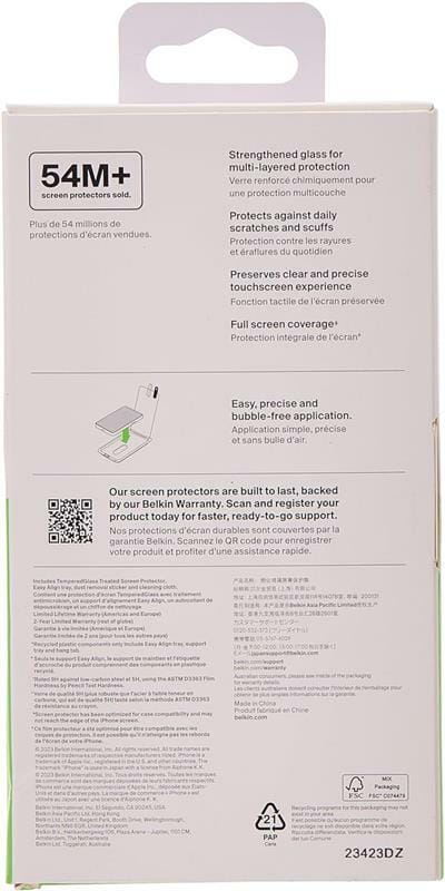 Защитное стекло Belkin TemperedGlass Screen Protection для Apple iPhone 15/14 Pro (OVA135ZZ)