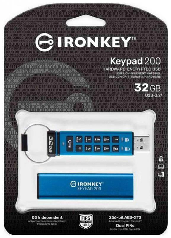 Флеш-накопитель USB3.2 32GB Kingston IronKey Keypad 200 Type-A Blue (IKKP200/32GB)