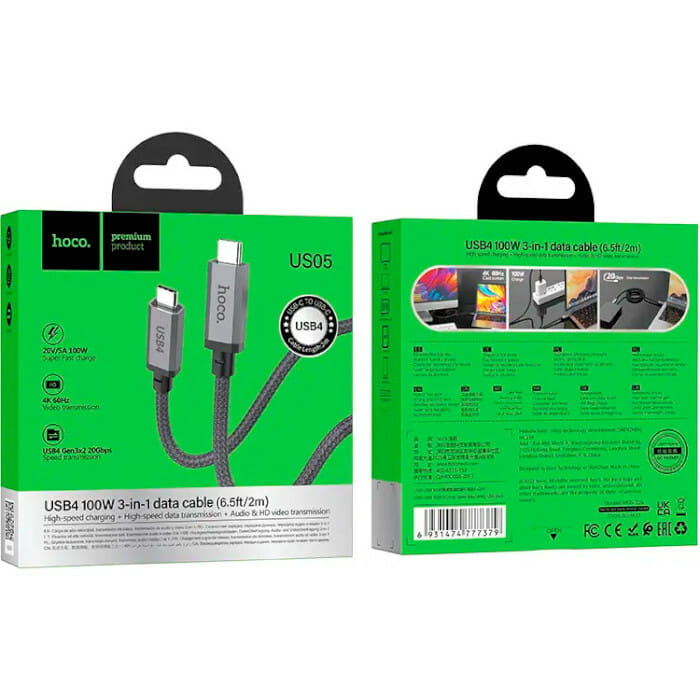 Кабель Hoco US05 USB Type-C - USB Type-C (M/M) (40Gbps), USB4, 100W, 2 м, Black (US052B)