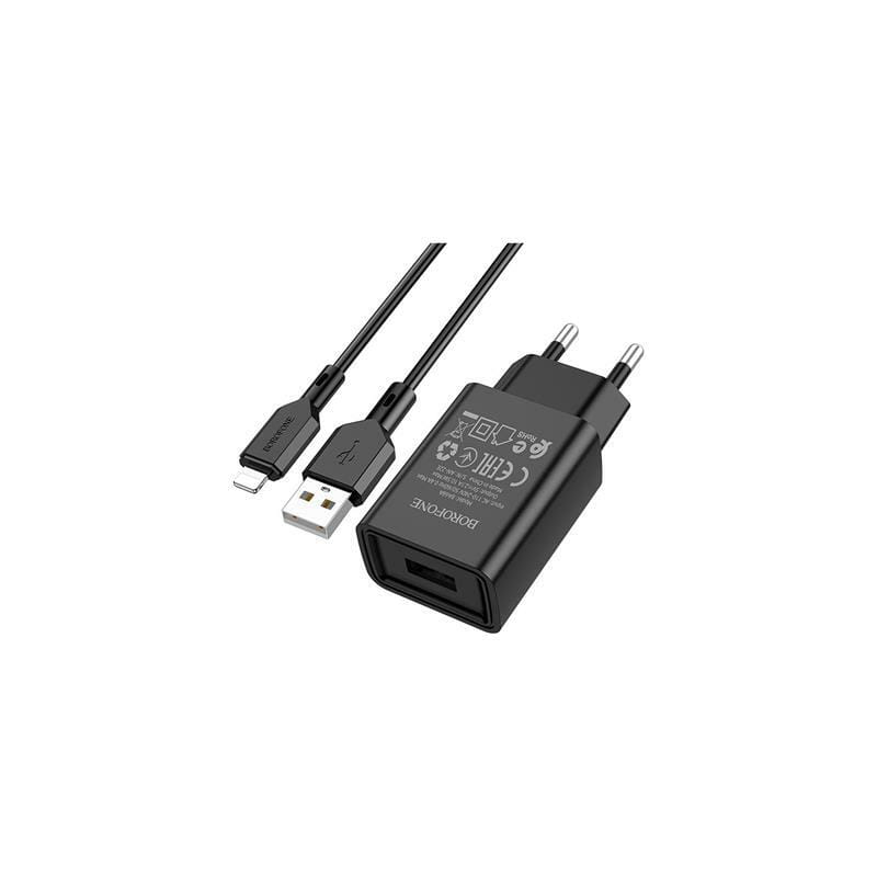 Сетевое зарядное устройство Borofone BA68A (1USB, 2.1А) Black (BA68ALB) + кабель Lightning