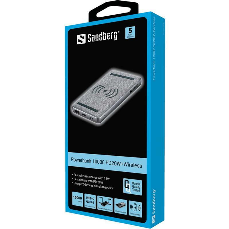 Универсальная мобильная батарея Sandberg Powerbank 10000mAh, PD20W+Wireless, Grey (420-61_VW)