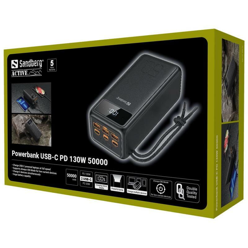 Универсальная мобильная батарея Sandberg Powerbank 50000mAh, USB-C PD 130W, Black (420-75)