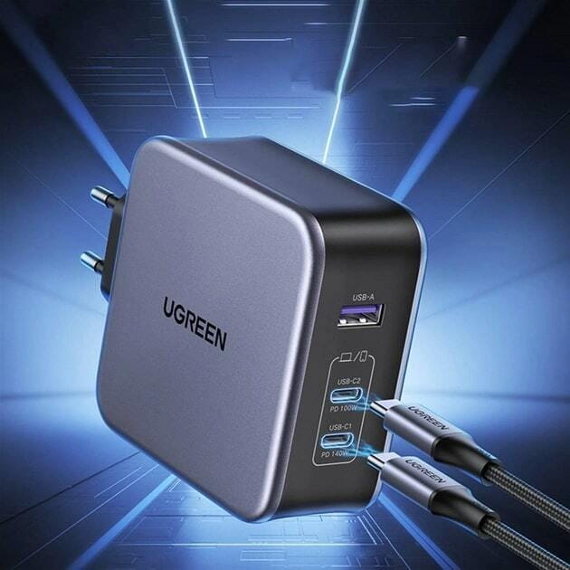 Зарядное устройство Ugreen CD289 GaN 140W Gray + кабель Type-C 1.5 м (90549)