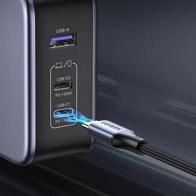 Зарядное устройство Ugreen CD289 GaN 140W Gray + кабель Type-C 1.5 м (90549)