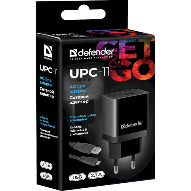 Сетевое зарядное устройство Defender UPC-11 (1xUSB 2.1А) + кабель micro USB 1 м Black (83556)