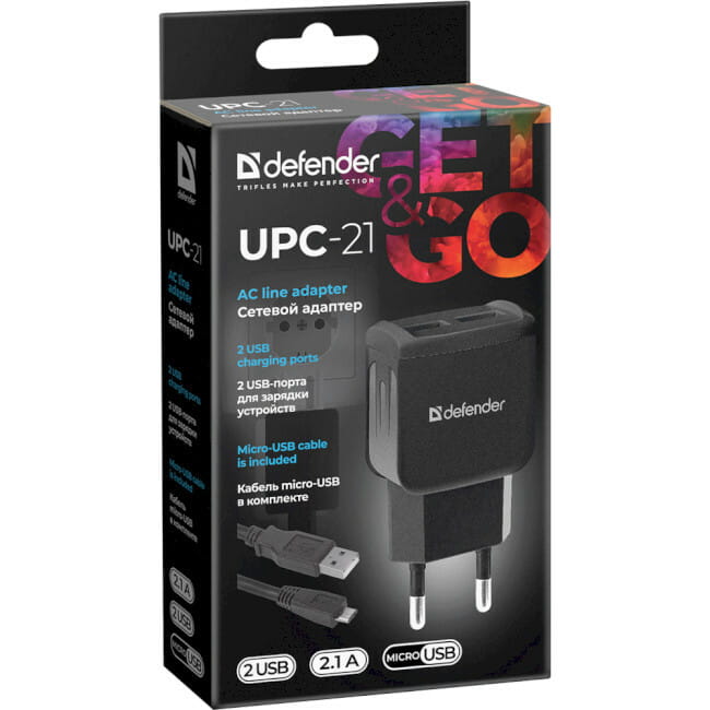 Сетевое зарядное устройство Defender UPC-21 (2xUSB 2.1А) + кабель micro USB 1 м Black (83581)