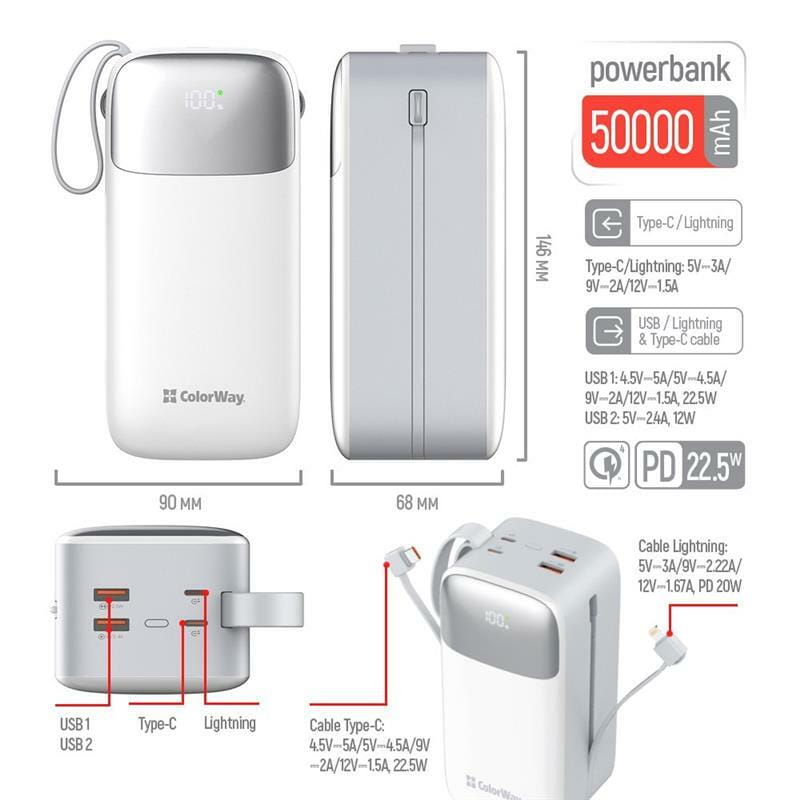Универсальная мобильная батарея ColorWay 50000mAh White (CW-PB500LPA4WT-PDD)