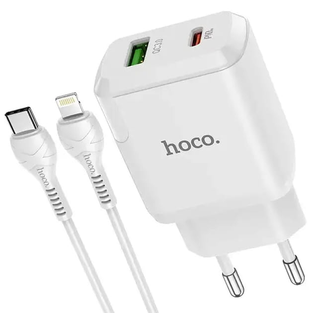 Сетевое зарядное устройство Hoco N5 (1USB 3A QC3.0 + 1 PD Type-C) White (S25619) + кабель Lightning