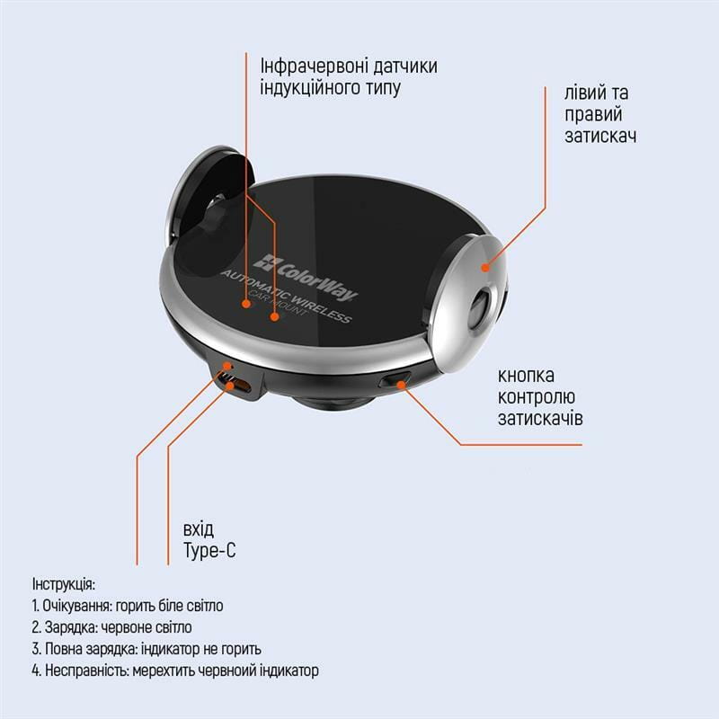 Беспроводное зарядное устройство ColorWay AutoSense Car Wireless Charger 15W Black (CW-CHAW039Q-BK)