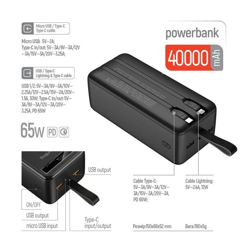 Універсальна мобільна батарея ColorWay Powerful 40000mAh Black (CW-PB400LPA4BK-PDD)