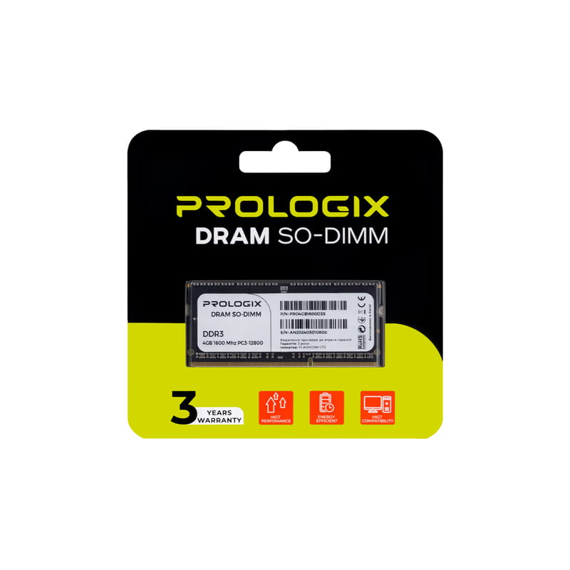 Модуль пам`ятi SO-DIMM DDR3L 4GB/1600 Prologix (PRO4GB1600D3S)