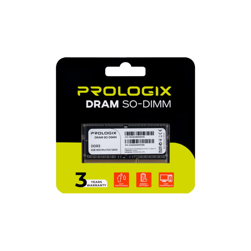 Модуль пам`ятi SO-DIMM 8GB/1600 DDR3 Prologix (PRO8GB1600D3S)