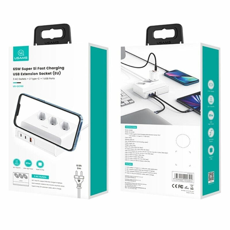 Мережевий фільтр Usams US-CC160 (CC160TC01) 3 розетки, 1 USB, 2 USB Type-C 65W, 2 м, White