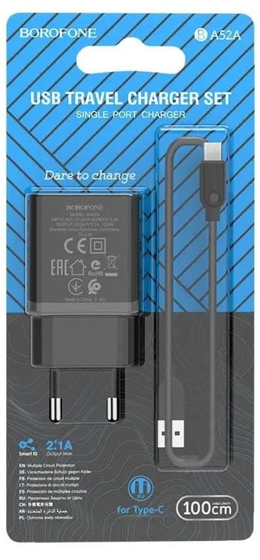 Зарядное устройство Borofone BA52A Gamble (1USB 2.1A) Black (BA52ACB) + кабель Type-C