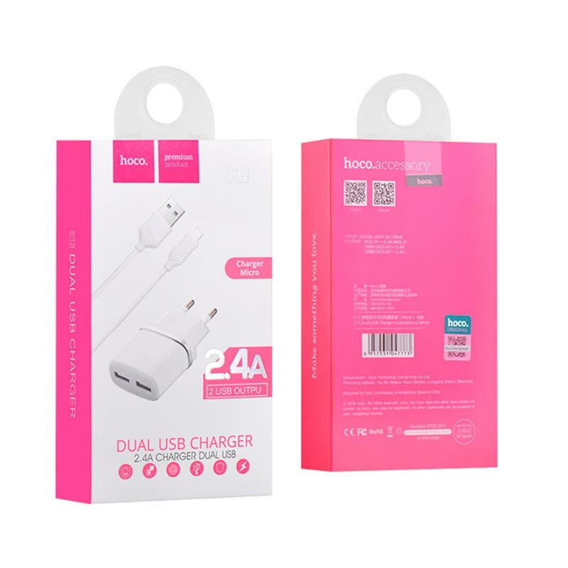 Сетевое зарядное устройство Hoco C12 (2USB, 2.4А) White (C12MW) + кабель MicroUSB