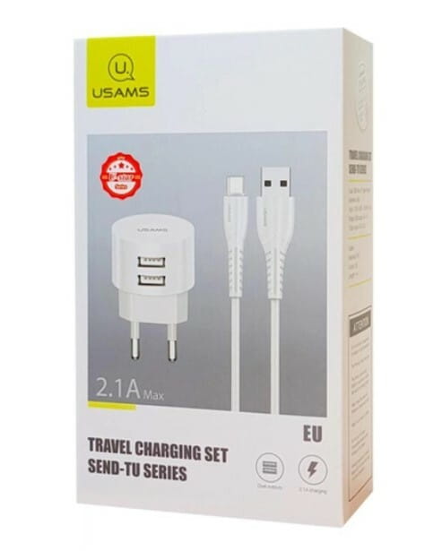 Сетевое зарядное устройство Usams T20 (2USB, 2.1А) White (XTXLOGT18MC05) + кабель MicroUSB