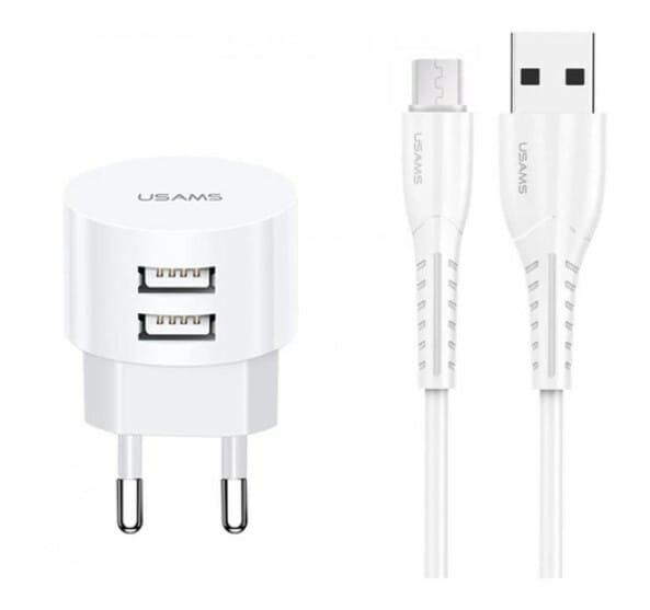 Сетевое зарядное устройство Usams T20 (2USB, 2.1А) White (XTXLOGT18MC05) + кабель MicroUSB