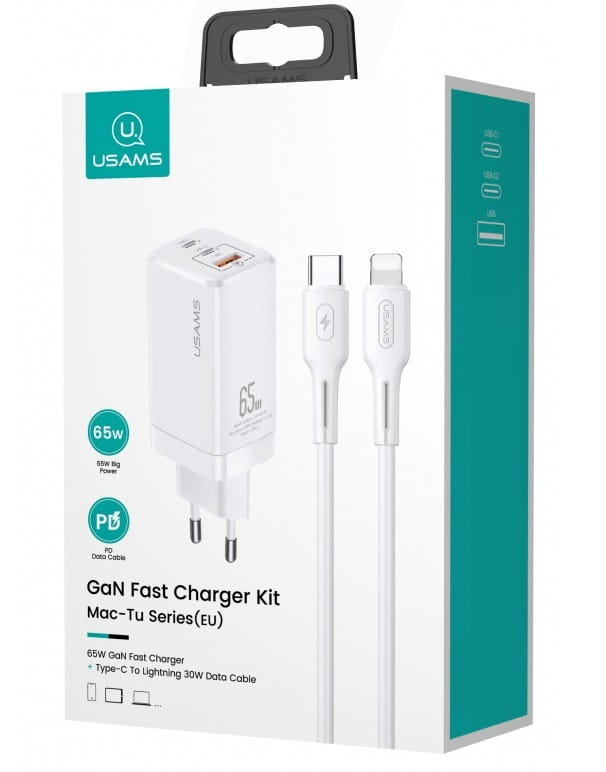 Сетевое зарядное устройство Usams US-CC110 (1USB, 2USB Type-C) 65W PD + QC3.0 White (MTXLOGTL02) + кабель USB-C - Lightning