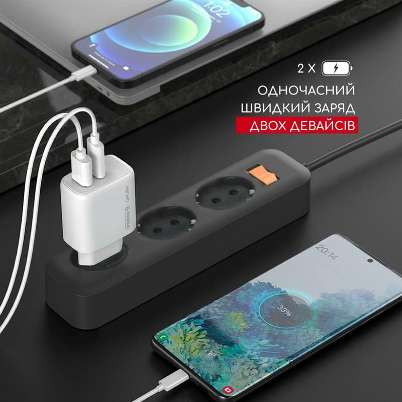 Сетевое зарядное устройство Intaleo TCG30GAN USB-C PD+USB-A QC 3.0 White (1283126578274)