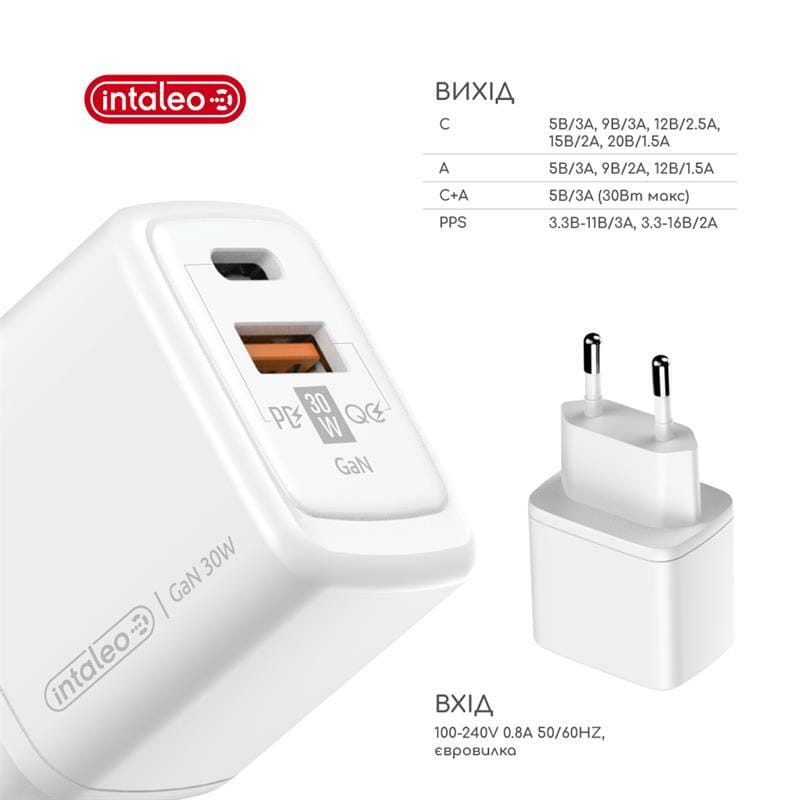 Сетевое зарядное устройство Intaleo TCG30GAN USB-C PD+USB-A QC 3.0 White (1283126578274)