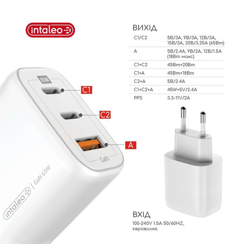 Сетевое зарядное устройство Intaleo TCG65GAN 2USB-C PD+USB-A QC 3.0 White (1283126559525)