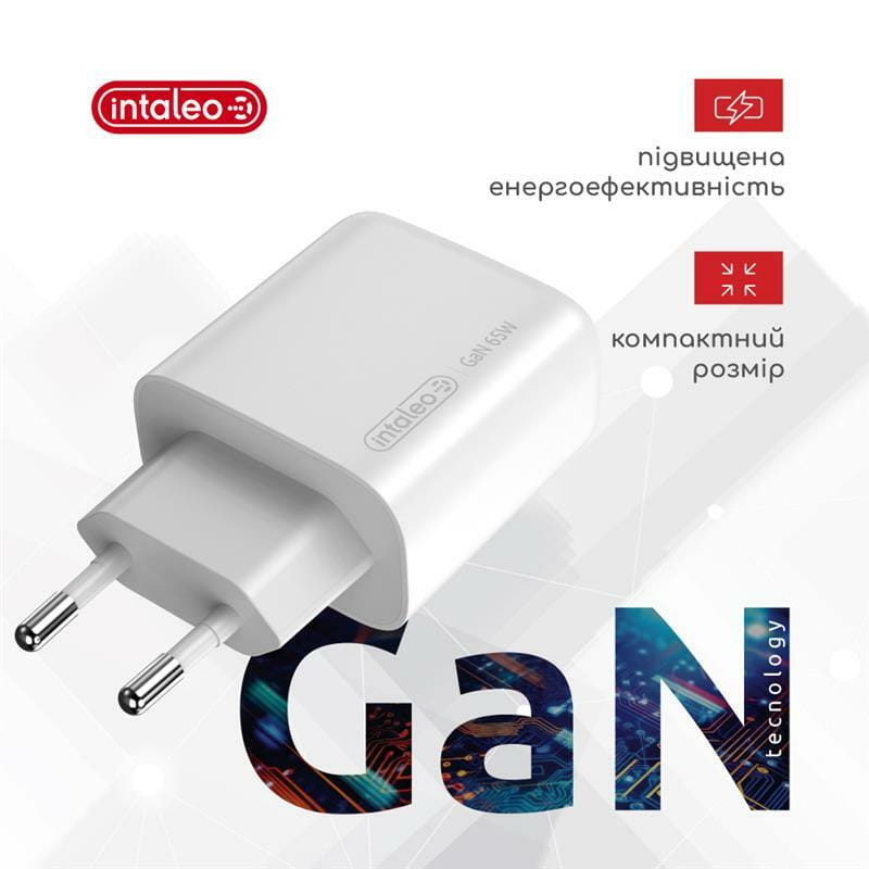 Сетевое зарядное устройство Intaleo TCG65GAN 2USB-C PD+USB-A QC 3.0 White (1283126559525)