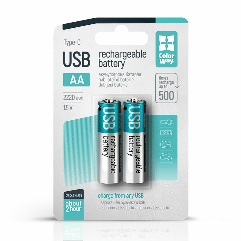 Аккумулятор USB-C ColorWay (CW-UBAA-10) AA/HR06 Li-Pol 2220 mAh BL 2шт